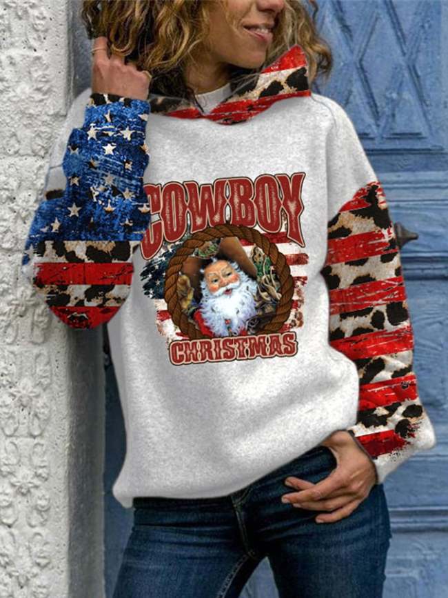 Women's Merry Christmas Y'all - Santa Claus Cowboy Hat Western Christmas Print Casual Hoodie