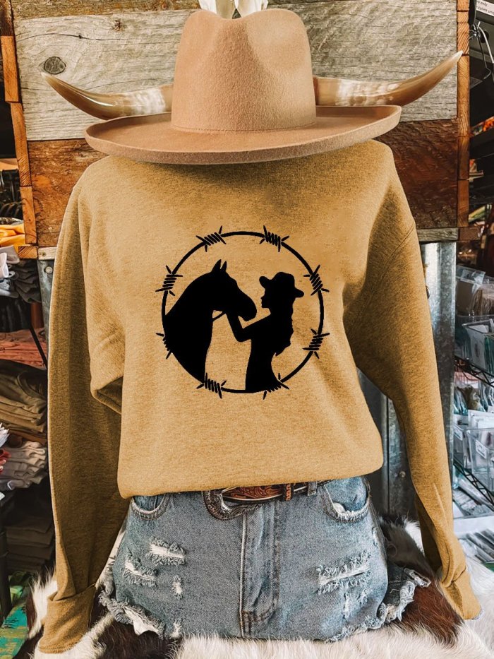 Women's Western Denim Horse Print Sweatshirt