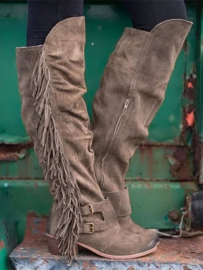 Women's Western Vintage Fringe Chunky Heel Plus Size Boots