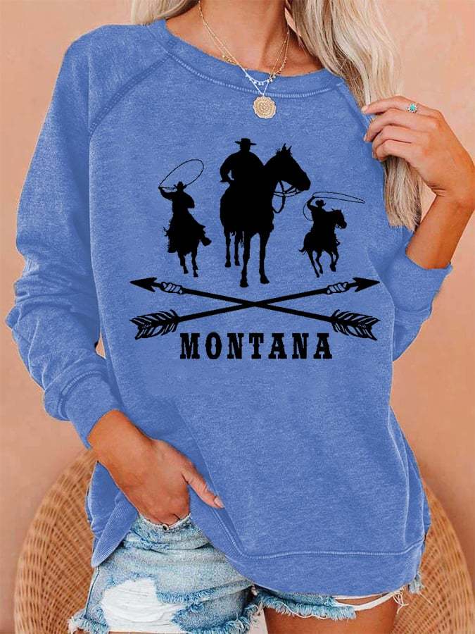 Women's Western Montana Print Casual Crewneck Sweatshirt