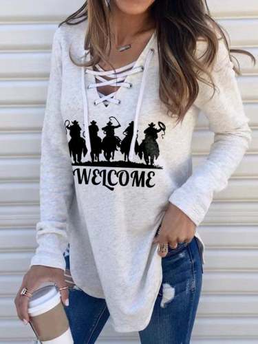 Retro Western Ethnic Print Lace-Up V-Neck Long Sleeve T-Shirt