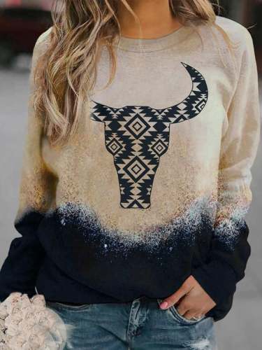 Women's WESTERN STYLE GEOMETRIC COW SKULL Print Casual Sweatshirt