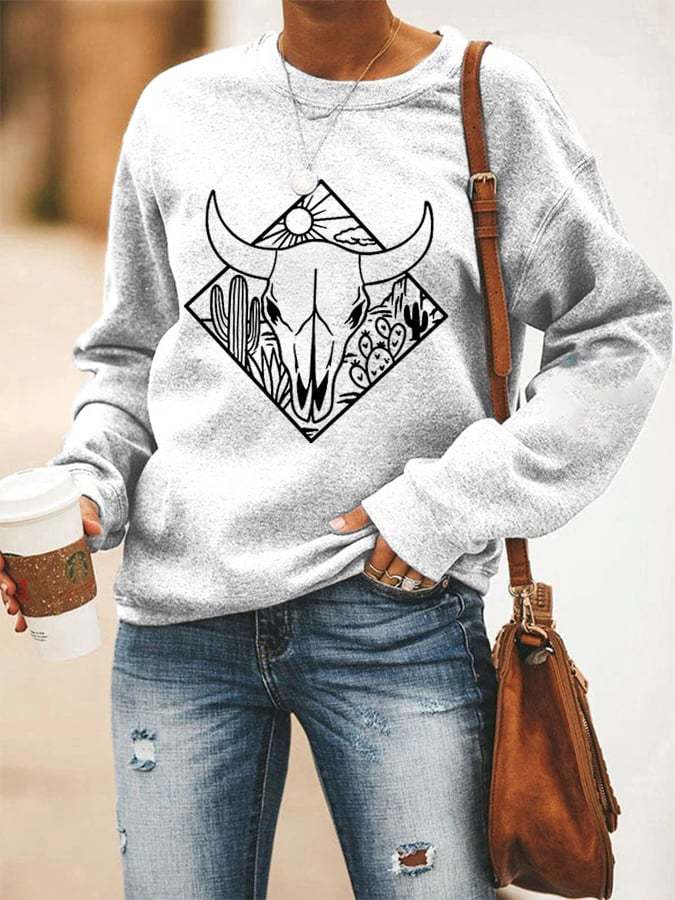 Women's Western Cow Skull Desert Casual Sweatshirt