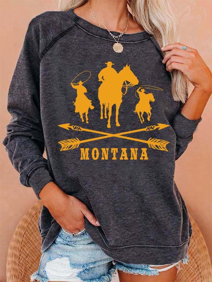 Women's Western Montana Print Casual Crewneck Sweatshirt