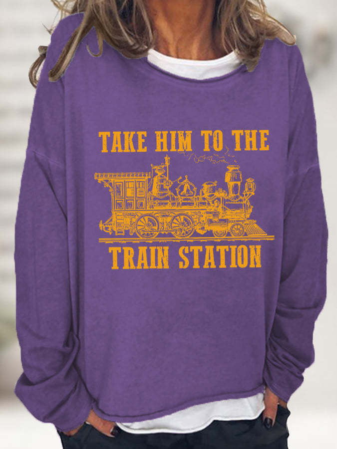 Women's Take Him To The Train Station Cawboy Silhouette Casual Long-Sleeve T-Shirt