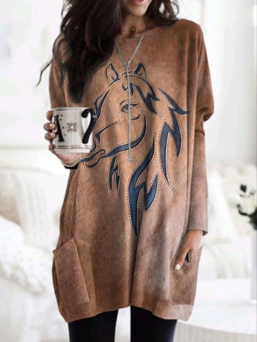 Western Horse Print Crew Neck Long Sleeve Dress