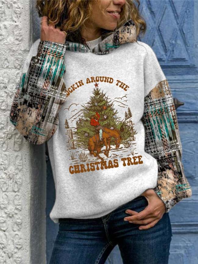 Women's Western and Christmas Combined  ROCKIN AROUND THE CHRISTMAS TREE  Printed Hoodie