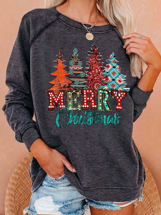 Women's Western Merry Christmas Trees Print Casual Crewneck Sweatshirt
