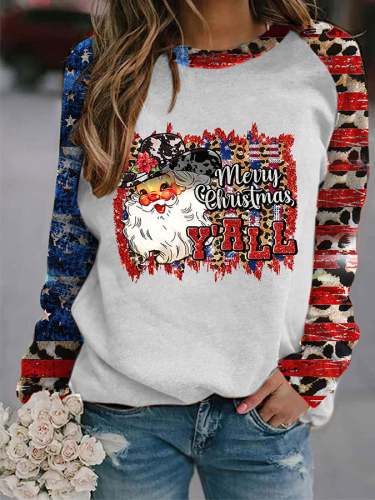 Women's Merry Christmas Y'all - Santa Claus Cowboy Hat Western Christmas Print Sweatshirt