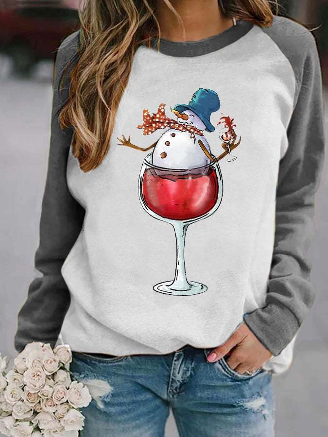 Women's Snowman Wine Glass Print Christmas Sweatshirt