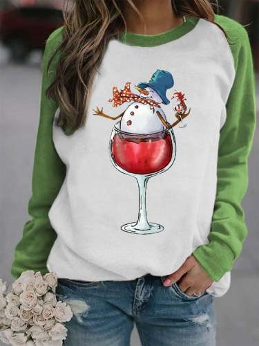 Women's Snowman Wine Glass Print Christmas Sweatshirt