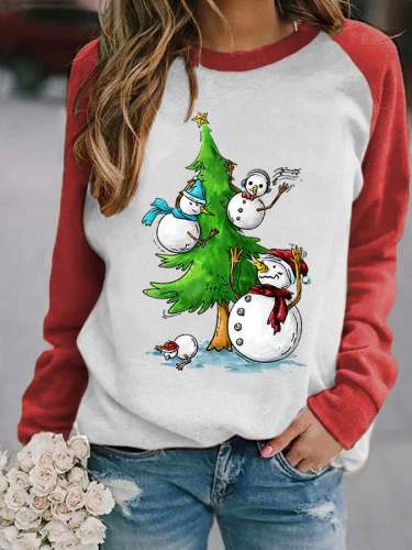 Women's Christmas Tree Snowman Print Christmas Sweatshirt