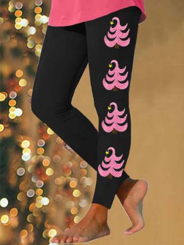 Women's Pink Christmas Tree Print Stretch Leggings
