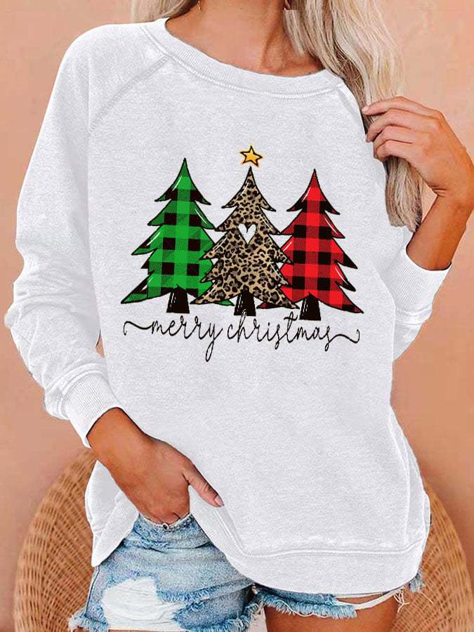 Women's Merry Christmas Check Leopard Tree Print Sweatshirt