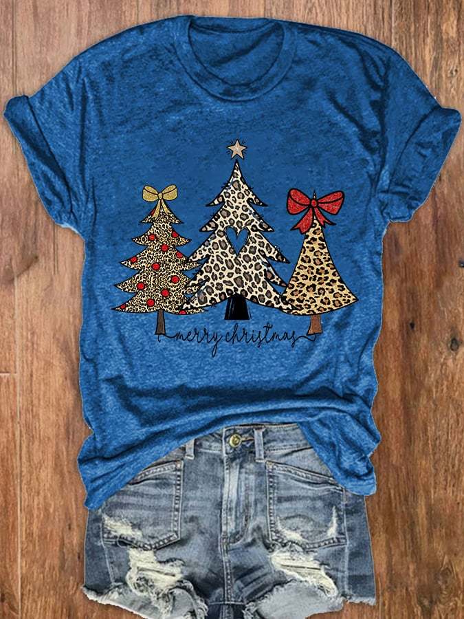 Women's Christmas Leopard Christmas Tree Print Crew Neck T-Shirt