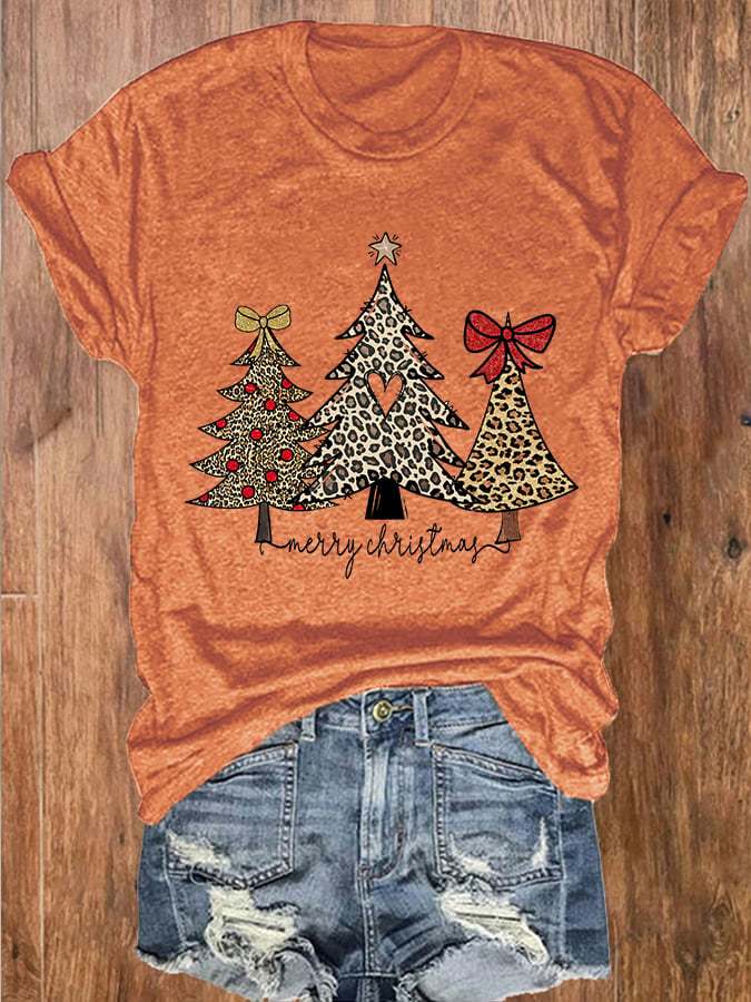 Women's Christmas Leopard Christmas Tree Print Crew Neck T-Shirt