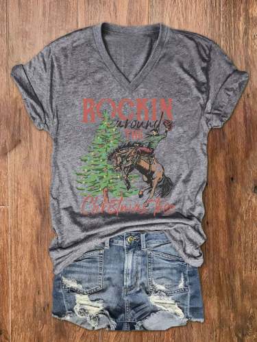 Women's Rockin Around The Christmas Tree Print V-Neck T-Shirt