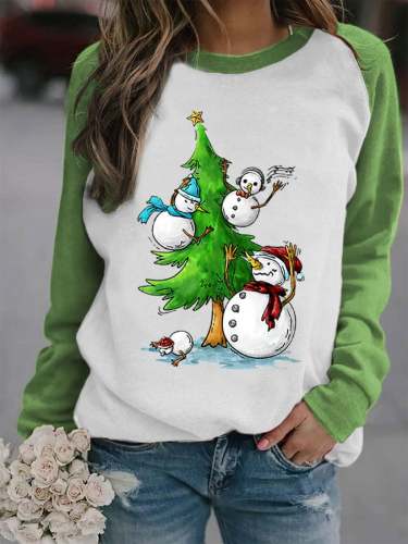 Women's Christmas Tree Snowman Print Christmas Sweatshirt