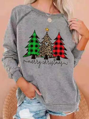 Women's Merry Christmas Check Leopard Tree Print Sweatshirt