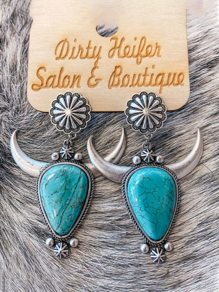 Western Cowboy Vintage Waterdrop Bull Tau Turquoise Earrings