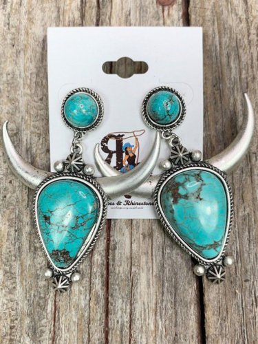 Western Cowboy Vintage Waterdrop Bull Tau Turquoise Earrings