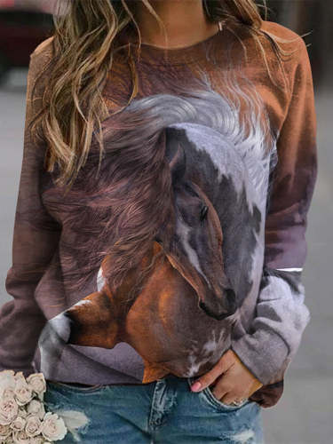 Vintage Western Horse Print Crew Neck Long Sleeve Sweatshirt