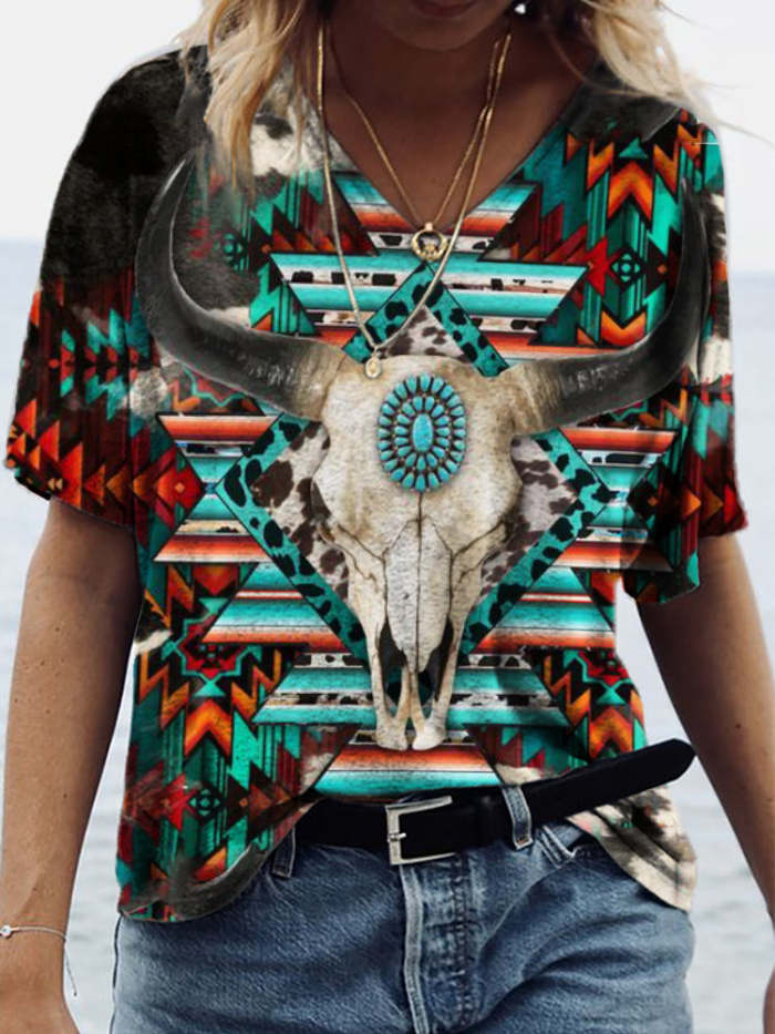 Bull Skull Western Aztec T Shirt
