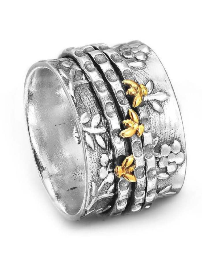Wisherryy Vintage Floral & Bees Carving Ring