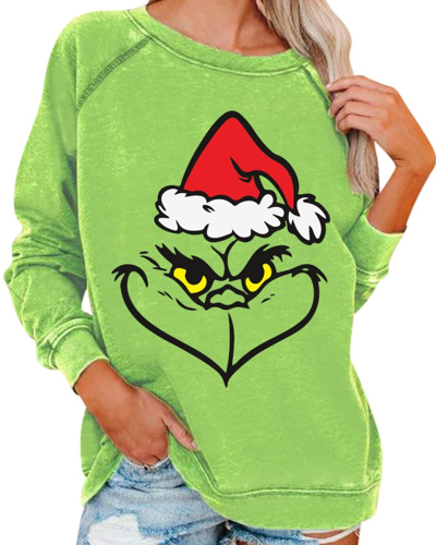 Christmas Letter Grinch Face Print Long Sleeve Sweatshirt