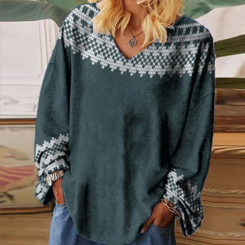 Fairman Island Sweater Print Vintage V Neck T-Shirt