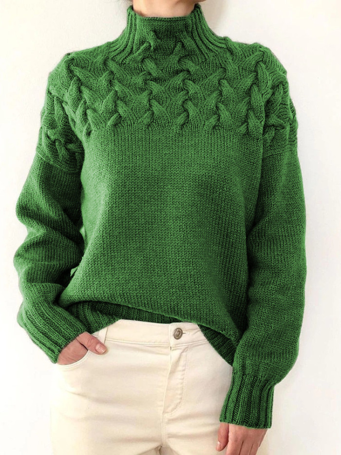 Vintage Woven Detail Turtleneck Long Sleeve Sweater