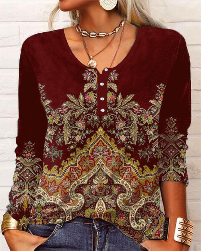 Vintage Ethnic Crew Neck Long Sleeve Top