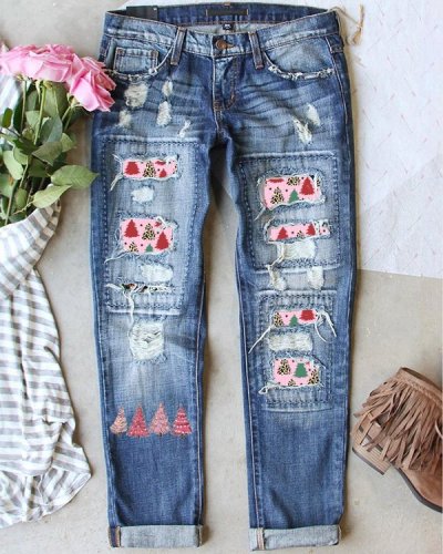 Pink Christmas Tree Leopard Print Loose Casual Pants