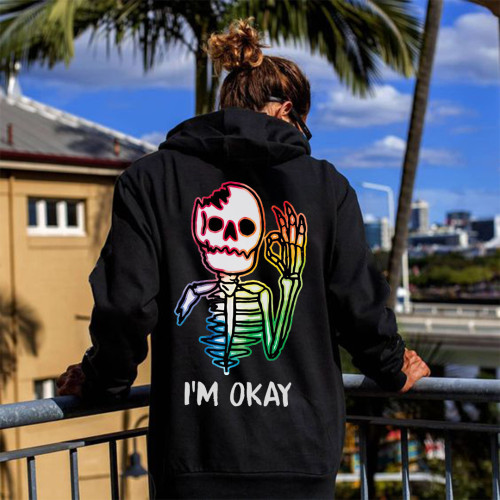 I'm Okay Fluorescent Broken Skull Printed Men's Hoodie