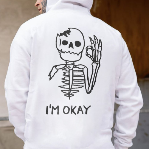 I'm Okay Broken Skeleton Printed Casual Men's Hoodie