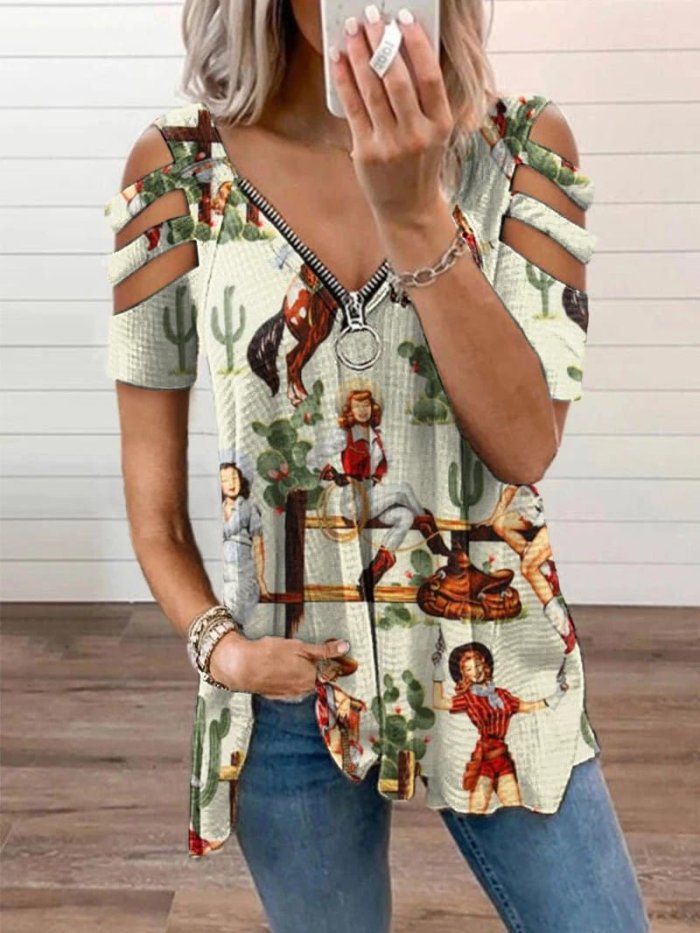 Women's Vintage Western Cowboy Print Zipper V-Neck Off-Shoulder T-Shirt
