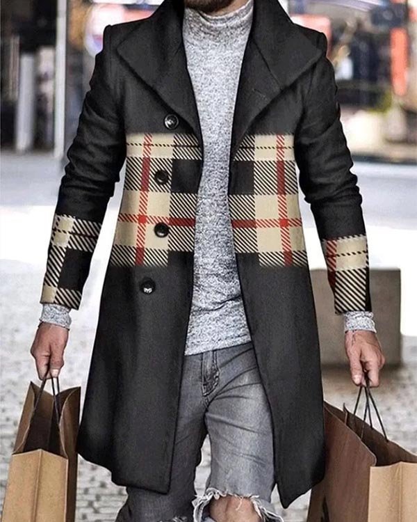 Men's Check Casual Long Sleeve Mid Length Cardigan Trench Coat