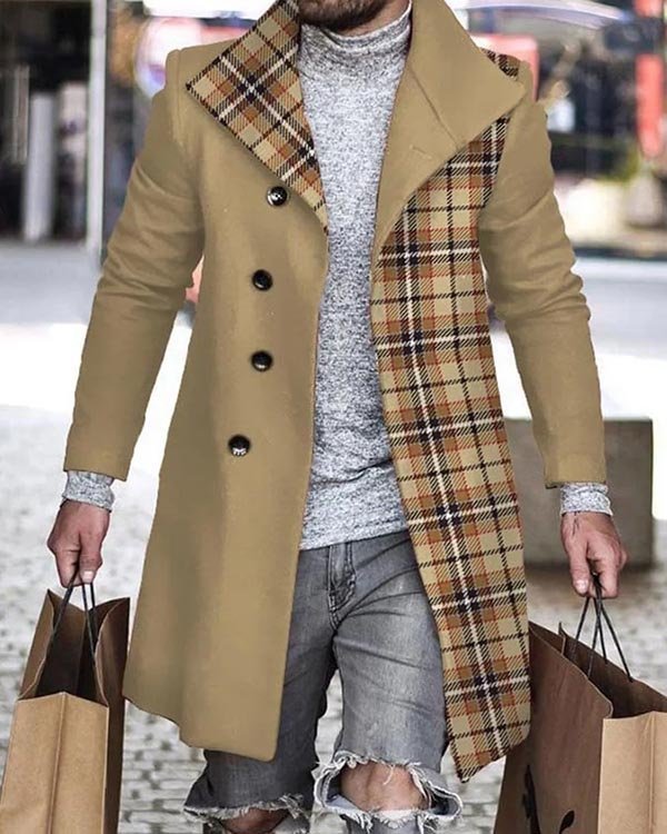 Men's Check Casual Long Sleeve Mid Length Cardigan Trench Coat