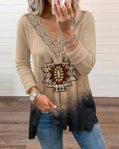 Western Lace V-Neck Long Sleeve Top