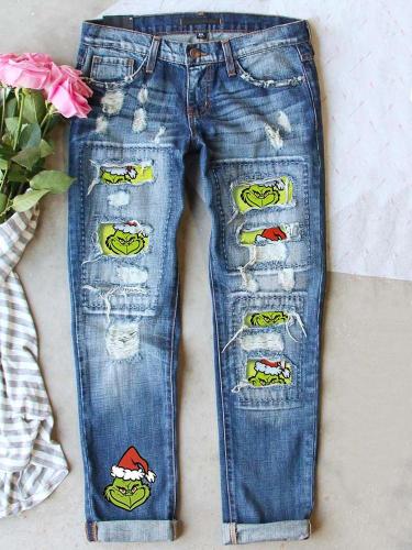 Christmas Grinch Printed Straight Jeans
