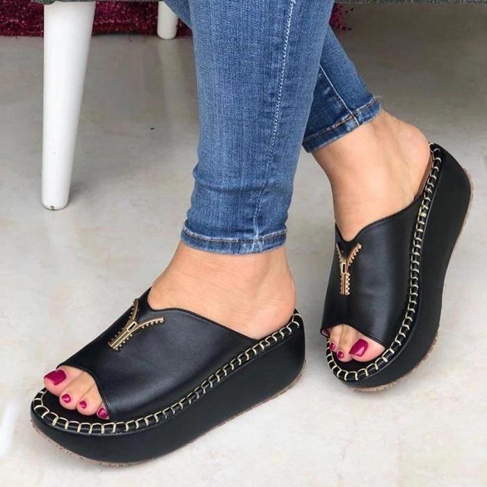 WOMEN CASUAL SUMMER SLIP ON ZIPPER WEDGE SANDALS