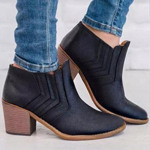 Ladies Chunky Heel Ankle Boots Slip On Round Toe Solid Brief Style Boots