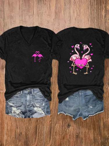 Flamingos With Heart Print V-Neck Short Sleeve T-Shirt