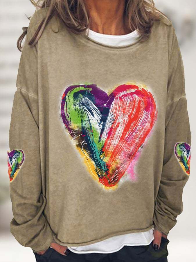 Women's Oil Painting Love Heart Casual Long-Sleeve T-Shirt