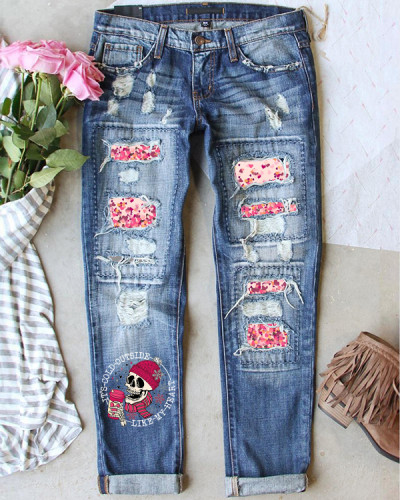 Cold Like My Heart Print Loose Jeans