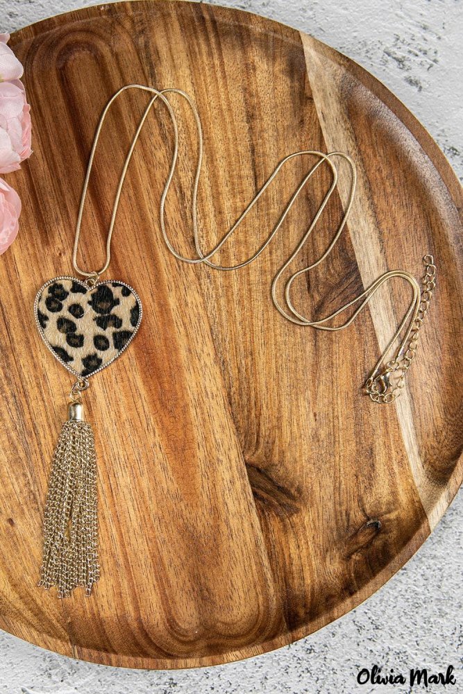 Leopard Print Love Heart Tassel Long Necklace