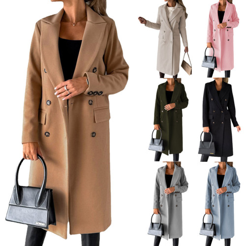 Long Sleeve Double Row Button Woolen Coat