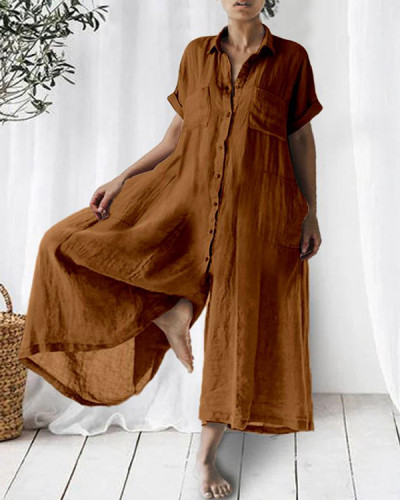 Solid Casual Linen Loose Lapel Jumpsuit (Brown In Stock)