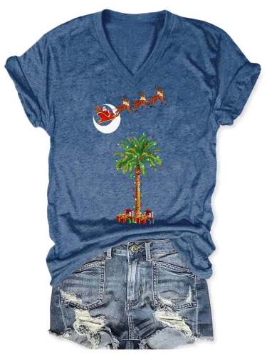 Vintage Christmas South Carolina Santa Palmetto Tree Print T-Shirt