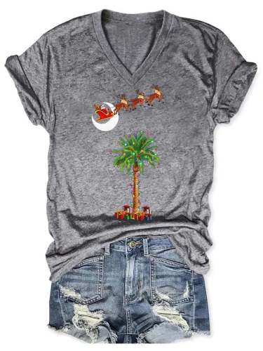 Vintage Christmas South Carolina Santa Palmetto Tree Print T-Shirt